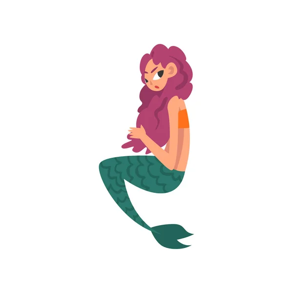 Söt liten sjöjungfru med lila hår, Fairytale mytiska varelse tecknad figur vektor illustration — Stock vektor