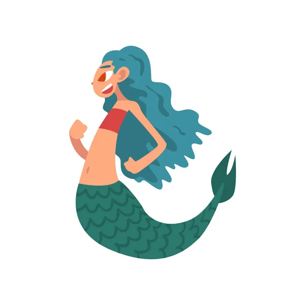Leuke grappige kleine zeemeermin met Turquoise haar, Fairytale mythische schepsel cartoon karakter vector illustratie — Stockvector