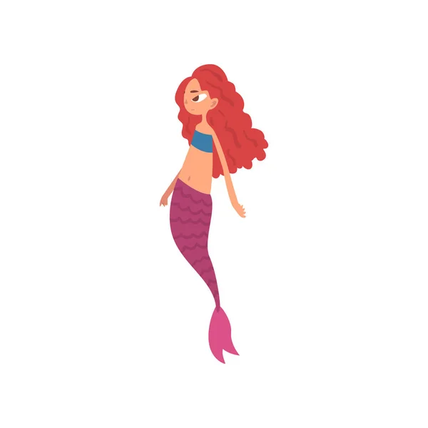 Schattige kleine roodharige zeemeermin met paarse staart, Fairytale mythische schepsel cartoon karakter vector illustratie — Stockvector