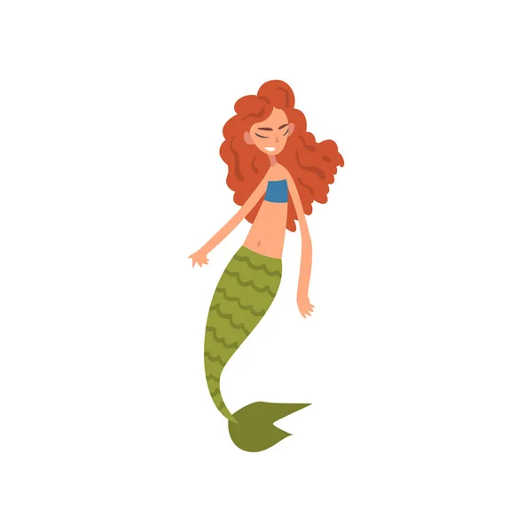 Schattige kleine roodharige zeemeermin met groene staart, Fairytale mythische schepsel cartoon karakter vector illustratie — Stockvector