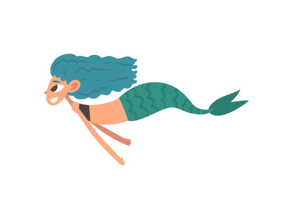 Schattig gelukkig glimlachend kleine zeemeermin zwemmen, Fairytale mythische schepsel cartoon karakter vector illustratie — Stockvector