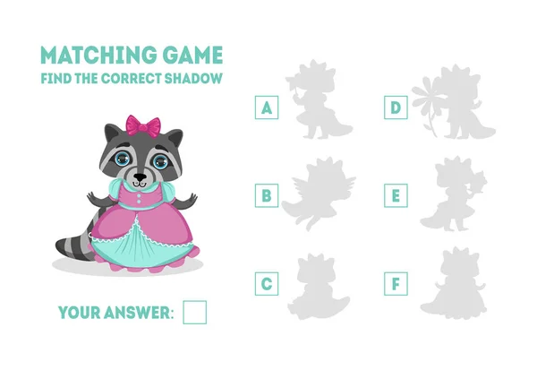 Edukacyjne dopasowanie gry dla dzieci w wieku przedszkolnym, Znajdź poprawny cień z cute Raccoon Girl zwierząt charakter wektor ilustracja — Wektor stockowy