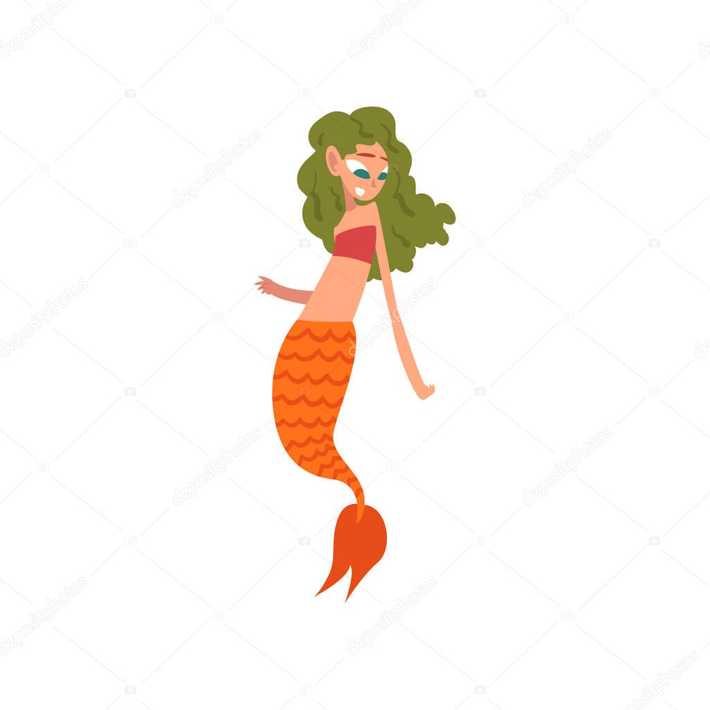 Cute Little Mermaid with Green Hair and Orange Tail, Fairytale Mythical Creature Cartoon Character Vector Illustration