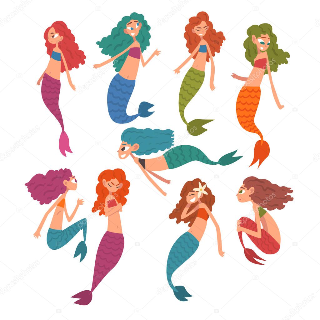 Collection of Cute Little Mermaids, Fairytale Mythical Creatures Cartoon Characters Vector Illustration