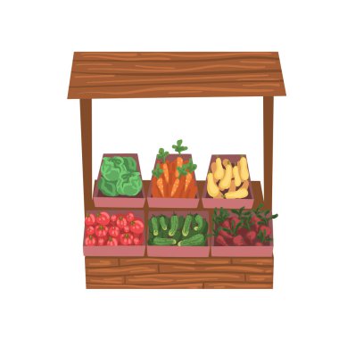Taze Olgun Sebzeler ile Market Ahşap Sayaç, Street Shop Vitrin Vektör İllüstrasyon
