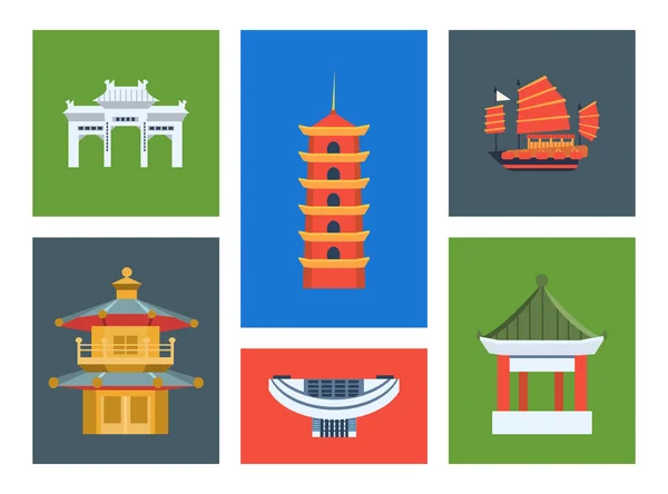 Bezienswaardigheden in Hong Kong stad set, Chinese culturele elementen, reizen naar Hong Kong vector illustratie — Stockvector