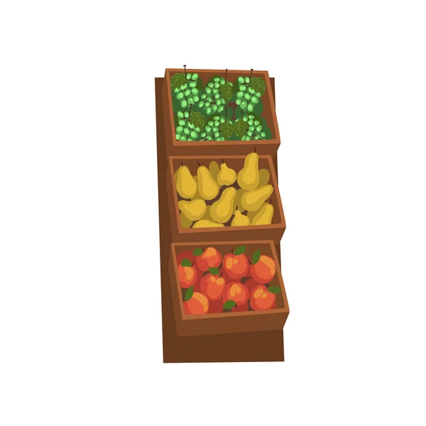 Contador de madera de mercado con frutas orgánicas naturales frescas, escaparate de la tienda callejera ilustración vectorial — Archivo Imágenes Vectoriales