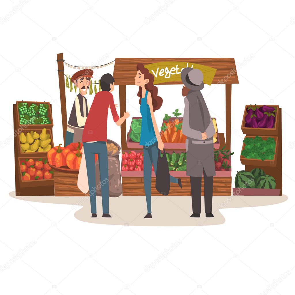 Vegetable Local Farmer Market with Fresh Natural Organic Products on Counter, Street Shop with Male Seller and Customers Vector Illustration