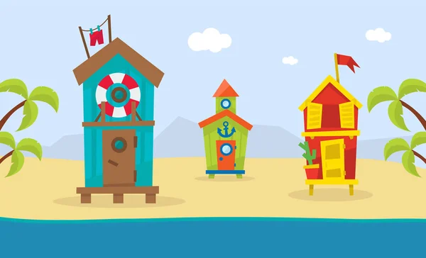 Wooden Bungalows on Tropical Coast, Sea Beach Beautiful Landscape, Summer Holiday Banner Template Vector Illustration — ストックベクタ