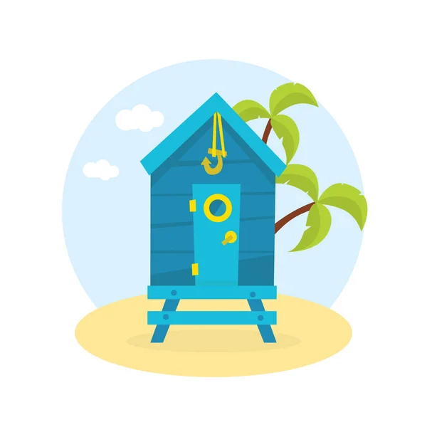 Bungalow de madera en la costa tropical del mar, vacaciones junto al mar Vector Ilustración — Vector de stock