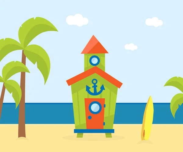 Bungalow in legno sulla costa tropicale, Sea Beach Bellissimo paesaggio, illustrazione vettoriale del modello di banner vacanze al mare — Vettoriale Stock