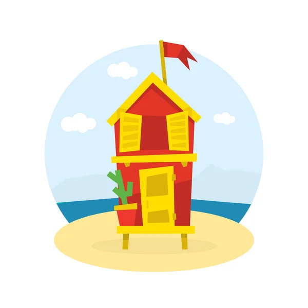 Bungalow in legno con bandiera sulla costa tropicale del mare, illustrazione vettoriale delle vacanze al mare — Vettoriale Stock