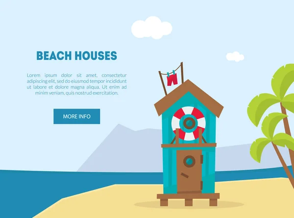 Wooden Bungalow on Tropical Coast, Sea Beach Beautiful Landscape, Seaside Holiday Banner, Landing Page Template Vector Illustration — ストックベクタ