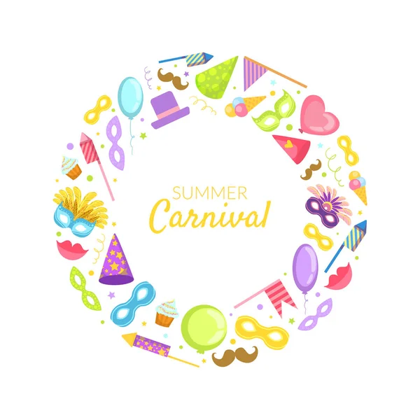 Zomer Carnaval frame wih plaats voor tekst, viering partij objecten in ronde vorm, maskerade symbolen vector illustratie — Stockvector