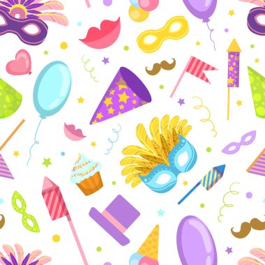 Kutlama Parti Nesneleri ile Carnival Dikişsiz Desen, Tasarım Elemanı Kumaş, Duvar Kağıdı, Ambalaj Vektör İllüstrasyon için Kullanılabilir