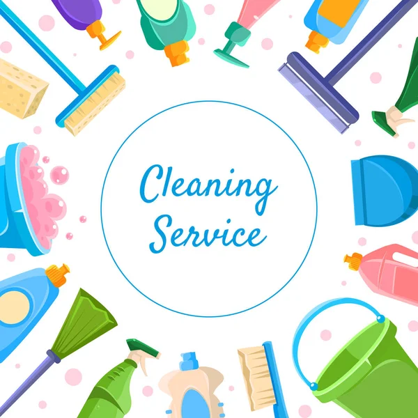 Städ service banner mall, olika rengöringsverktyg och rengöringsmedel produkter vektor illustration — Stock vektor