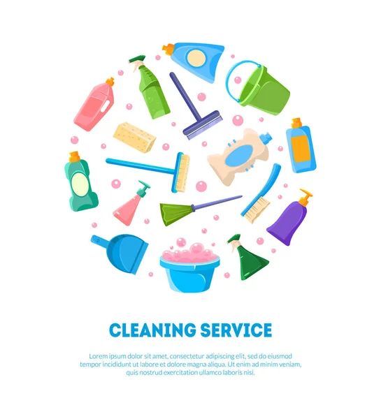 Temizlik Hizmeti Afiş Şablonu, Çeşitli Temizlik Araçları ve Deterjanürünleri Dairesel Şekil vektör çizimi — Stok Vektör