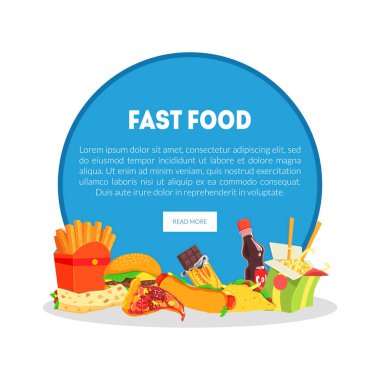 Fast Food Restaurant Banner, Açılış Sayfası Şablonu, Burger, Pizza, Sandviç, Patates Kızartması, Soda İçecek Vektör İllüstrasyon