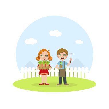 Bahçe, Erkek ve Kız Bahçe Araçları Vektör İllüstrasyon ile Bitkiler için Bakım Çalışan Sevimli Çocuklar