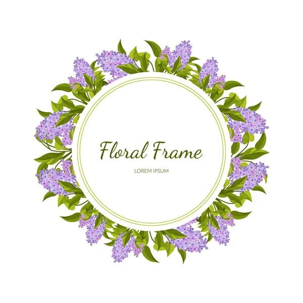 Lilac Flowers Round Frame Card Template with Blooming Flowers, Elegant Floral Banner, Poster, Wedding Invitation, Greeting Card Vector Illustration — Stock Vector