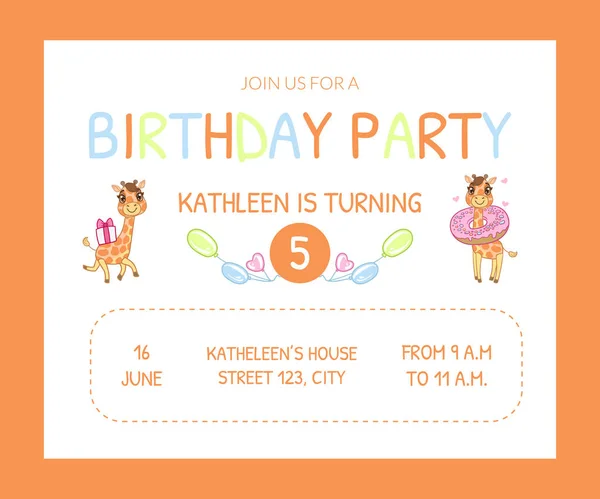 Happy Birthday Invitation Card Template with Cute Animals, Number of Years and Date Vector Illustration