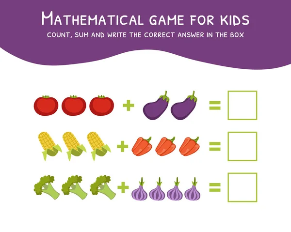 Gioco matematico per bambini, contare, Sommare e scrivere la risposta corretta nel Box Vector Illustrazione — Vettoriale Stock