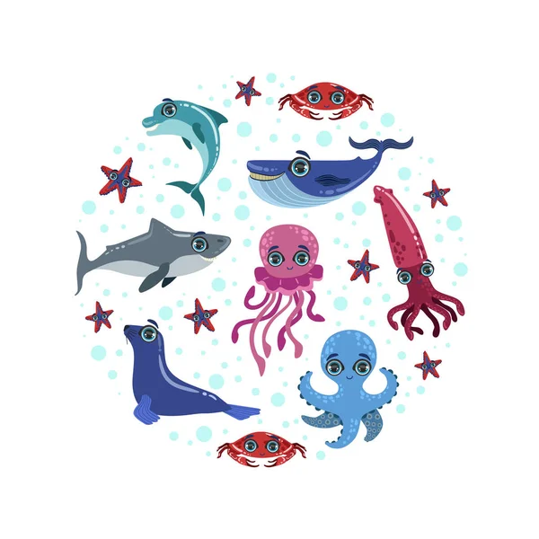 海の動物バナーテンプレート、円形ベクトルイラストでかわいい海の生き物 — ストックベクタ
