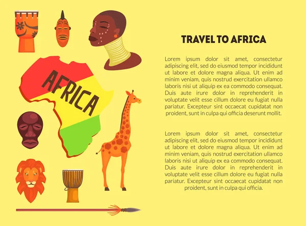 Reizen naar Afrika banner sjabloon met informatie tekst, kaart van Afrika met dieren, Aboriginal en culturele tekenen vector illustratie — Stockvector