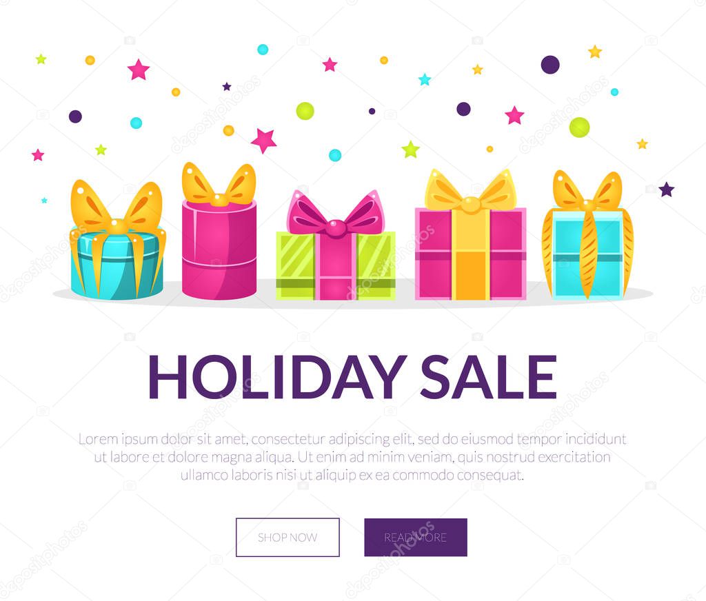 Holiday Sale Banner, Landing Page Template with Colorful Gift Boxes Vector Illustration