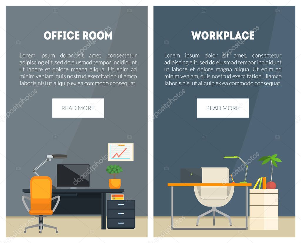 Office Room, Business Workplace Organization Banners, Landing Pages Templates Set, Office Space Web Page Vector Illustration