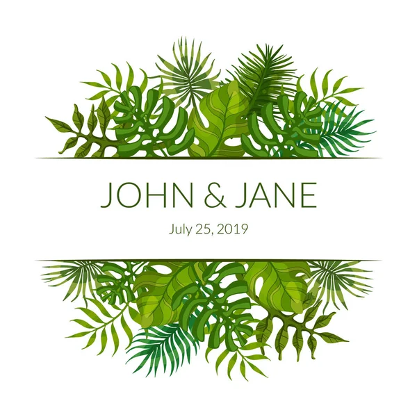 Wedding Invitation Card Template with Green Tropical Palm Leaves and Space for Text Vector Illustration