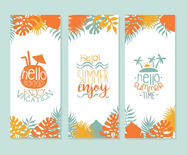 Hello Summer Enjoy Vacation Banner Template, Summer Time Poster, Banner, Card, Invitation, Logo, Label Hand Drawn Vector Illustration — Stock Vector