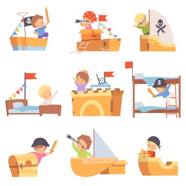 Cute Creative Kids Playing Toys Made of Cardboard Boxes Set, Cute Boys Captains Playing Ships Made of Cardboard Boxes and Beds Cartoon Vector Illustration clipart