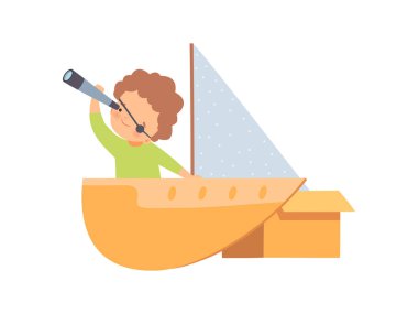Yaratıcı Çocuk Karakter Oyun Gemi Karton Kutular yapılmış, Sevimli Boy Kaptan Spyglass Karikatür Vektör İllüstrasyon ile looking through