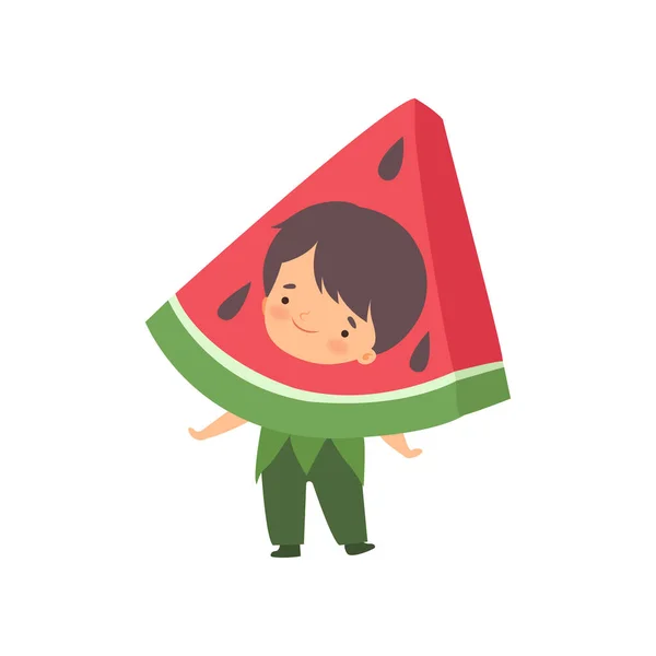 Cute Little Boy Wearing Watermelon Costume, Adorable Kid Cartoon Character in Carnival Clothes Vector Illustration