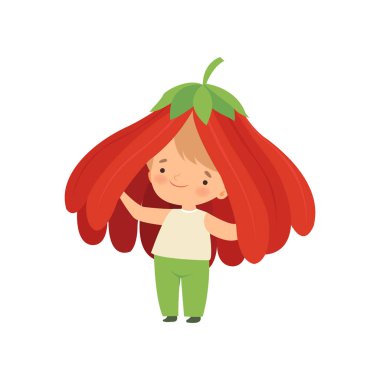 Sevimli Küçük Çocuk Giyen Çiçek Kostüm, Sevimli Çocuk Karakter Giyen Kırmızı Çiçek Headdress Karikatür Vektör İllüstrasyon