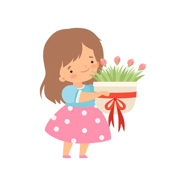 Niña encantadora con ramo de flores Dibujos animados Vector Ilustración — Vector de stock
