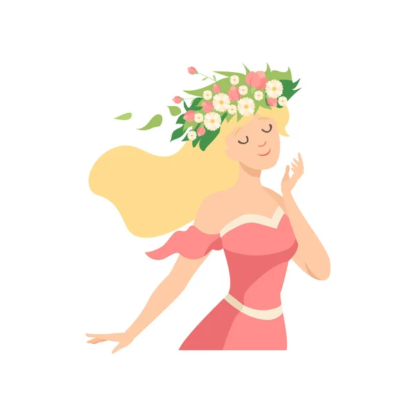 Mladá krásná žena s květinovým věncem ve vlasech, portrét elegantní blondýny dívka s květinovým věncem vektorové ilustrace — Stockový vektor