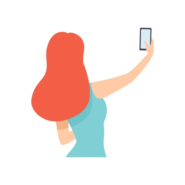 Chica tomando foto selfie en el teléfono inteligente, Mujer joven haciendo foto o video para las redes sociales utilizando Gadget moderno, Vista desde detrás de la ilustración vectorial — Vector de stock