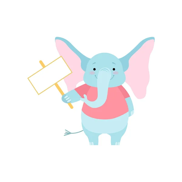 Carino elefante che tiene il cartello vuoto, illustrazione divertente del vettore del carattere del fumetto animale — Vettoriale Stock