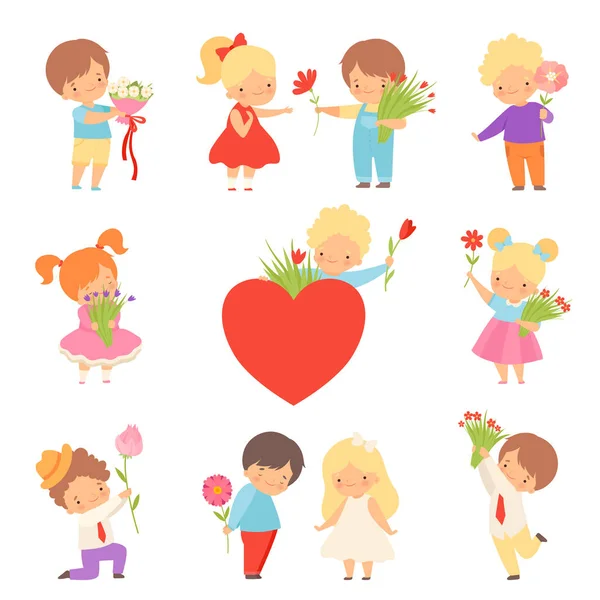 Collection of Cute Boys Giving Flowers to Adorable Little Girls Cartoon Vector Illustration — Stock Vector