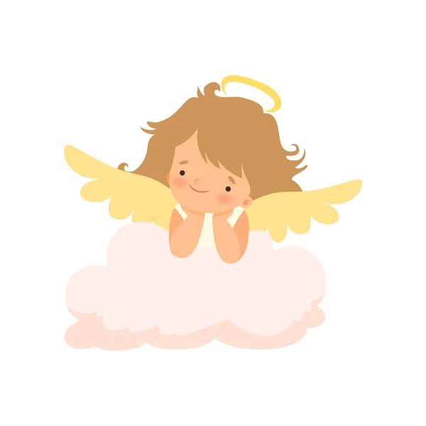 Adorable Girl Angel with Nimbus and Wings, Cute Baby Cartoon Character in Cupid or Cherub Costume Vector Illustration — Stock Vector