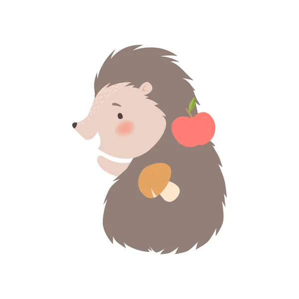 Cute Hedgehog noszenia jabłko i grzyb, adorable kolczastych zwierząt kreskówka rysunek wektor — Wektor stockowy