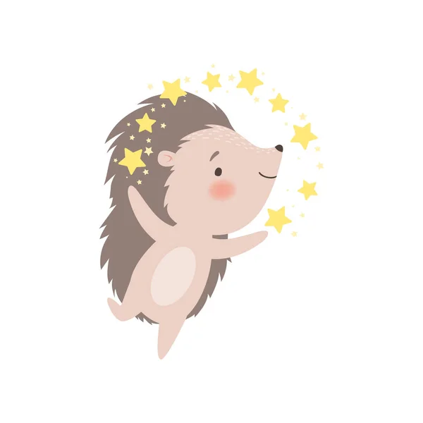 Cute Happy Hedgehog Girl in Dress Surrounded Golden Stars, Adorable Prickly Animal Cartoon Character Vector Illustration — Stock Vector