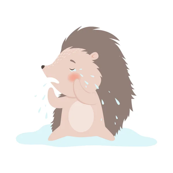 Niedlicher unglücklicher Igel, der auf dem Boden in einer Pfütze der Tränen sitzt, entzückende stachelige Animal Cartoon Charakter Vektor Illustration — Stockvektor