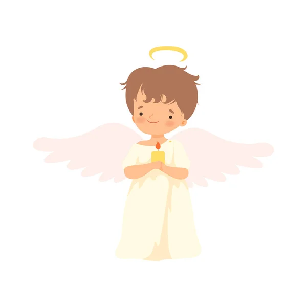 Cute Boy Angel with Nimbus and Wings Standing with Burning Candle, Lovely Baby Cartoon Character in Cupid or Cherub Costume Vector Illustration — Stock Vector