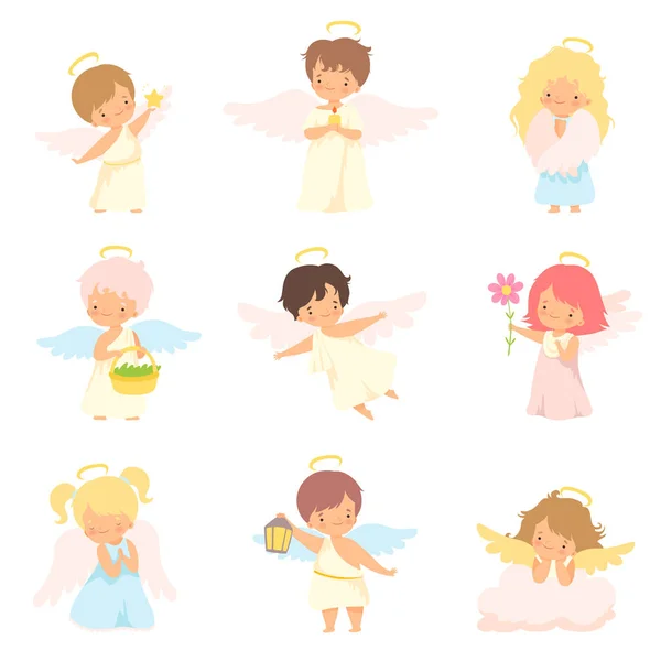 Cute Baby Angels with Nimbus and Wings Set, Adorable Boys And Girls Cartoon Characters in Cupid or Cherub Costumes Vector Illustration — Stock Vector
