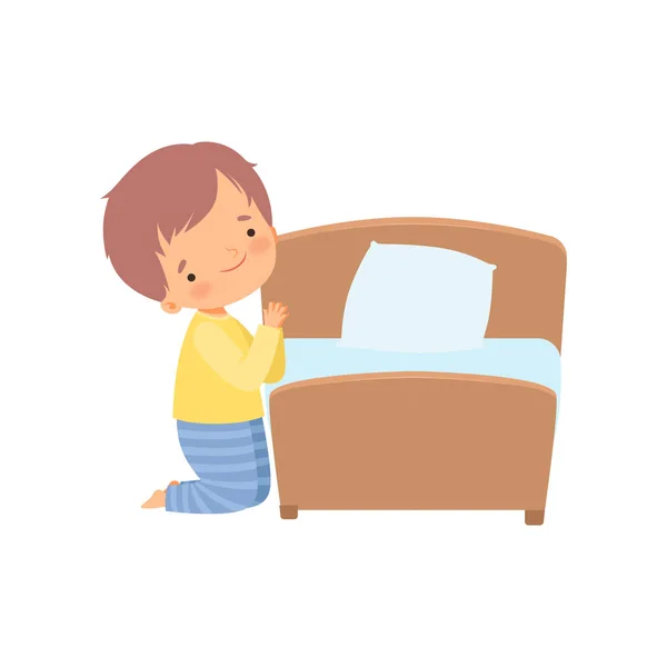 Roztomilý chlapeček postava modlící se před tím, než půjdete do postele — Stockový vektor
