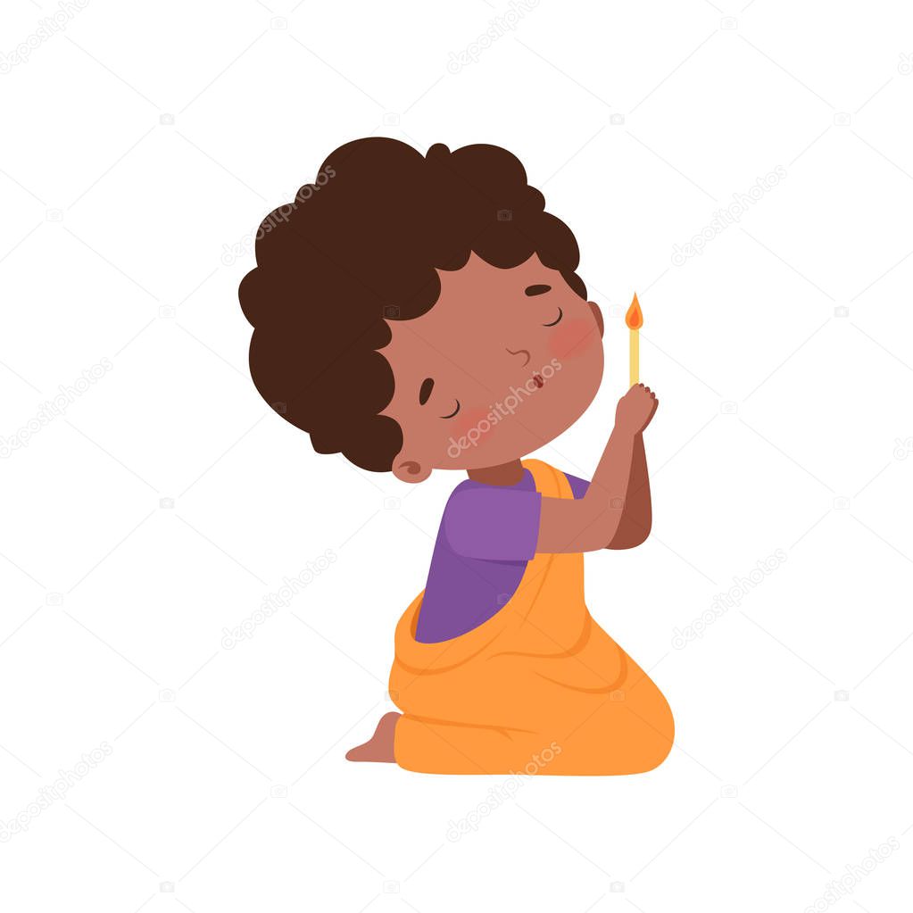 Little African American Girl Character Kneeling in Prayer with Burnng Candle Cartoon Vector Illustration