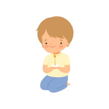Sevimli Little Boy Diz Çökme ve Dua Karikatür Vektör İllüstrasyon